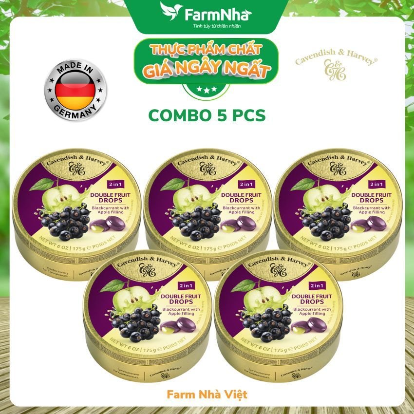 (Combo 2 hộp) Kẹo trái cây Cavendish & Harvey vị BLACKCURRANT WITH APPLE FILLING 175gr nhân siro - Vị ngon tự nhiên tuyệt vời từ Đức