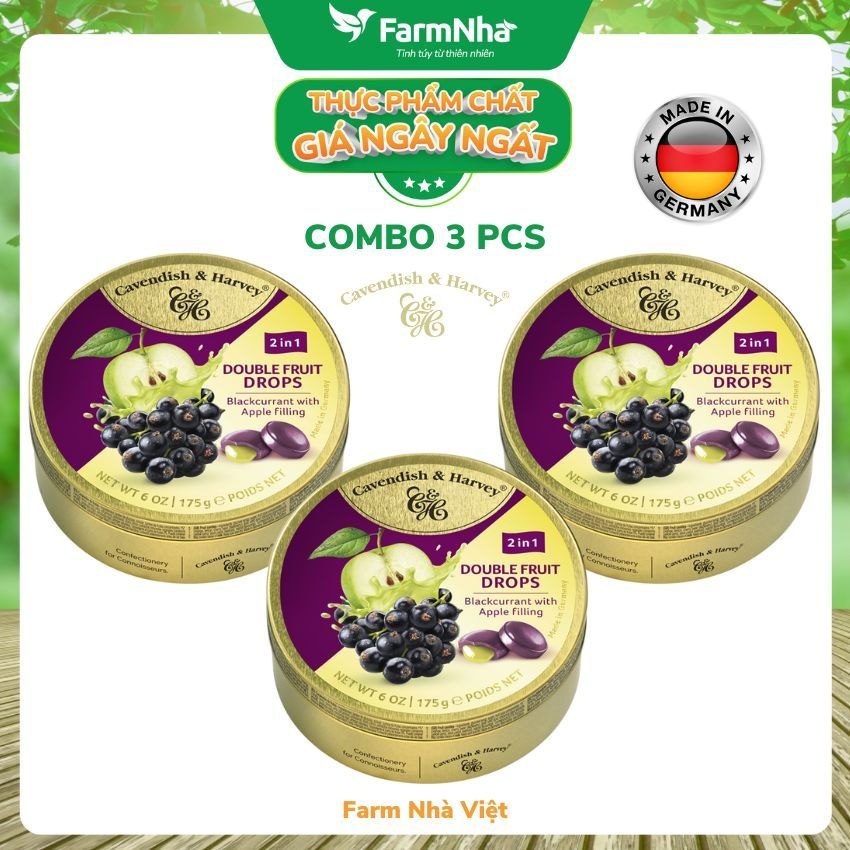 (Combo 2 hộp) Kẹo trái cây Cavendish & Harvey vị BLACKCURRANT WITH APPLE FILLING 175gr nhân siro - Vị ngon tự nhiên tuyệt vời từ Đức