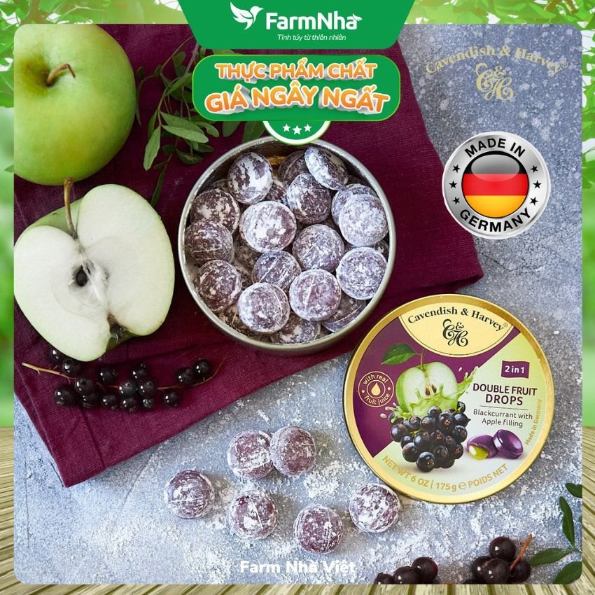 (Combo 3 hộp) Kẹo trái cây Cavendish & Harvey vị BLACKCURRANT WITH APPLE FILLING 175gr nhân siro - Vị ngon tự nhiên tuyệt vời từ Đức