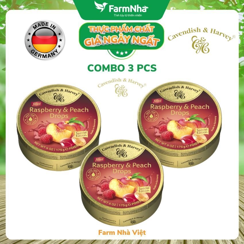 (Combo 3 hộp) Kẹo trái cây Cavendish & Harvey vị Raspberry & Peach 175gr - Hương vị tự nhiên tuyệt vời từ Đức