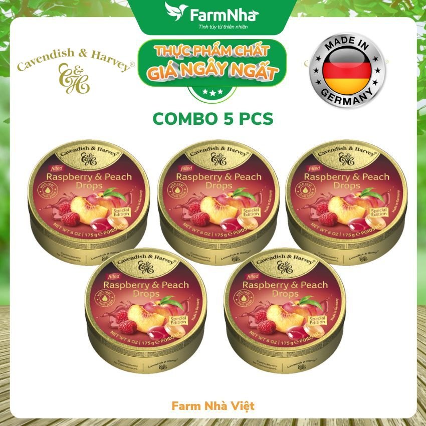 (Combo 5 hộp) Kẹo trái cây Cavendish & Harvey vị Raspberry & Peach 175gr - Hương vị tự nhiên tuyệt vời từ Đức