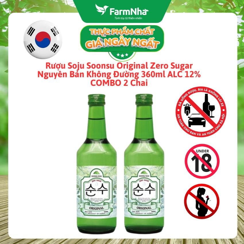 (Combo 2) Rượu Soju Soonsu Original Zero Sugar 360ml ALC 12% – Soju Truyền Thống Cao Cấp từ Hàn Quốc