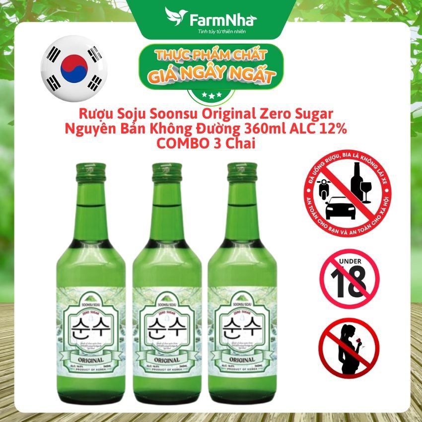 (Combo 3) Rượu Soju Soonsu Original Zero Sugar 360ml ALC 12% – Soju Truyền Thống Cao Cấp từ Hàn Quốc