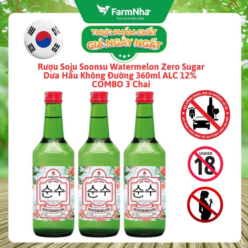 (Combo 3) Rượu Soju Soonsu Watermelon Zero Sugar 360ml ALC 12% – Soju Hương Dưa Hấu Không Đường Cao Cấp Từ Hàn Quốc