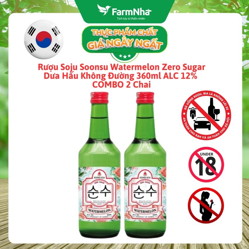 (Combo 2) Rượu Soju Soonsu Watermelon Zero Sugar 360ml ALC 12% – Soju Hương Dưa Hấu Không Đường Cao Cấp Từ Hàn Quốc