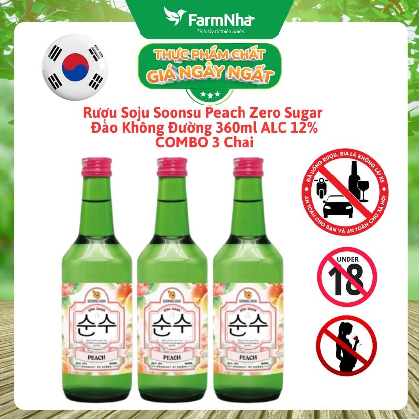 (Combo 3) Rượu Soju Soonsu Peach Zero Sugar 360ml ALC 12%– Rượu Soju Đào Không Đường Cao Cấp Từ Hàn Quốc