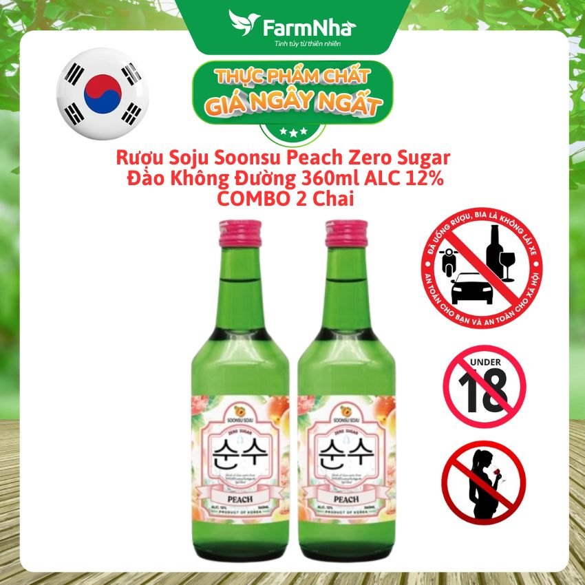 (Combo 2) Rượu Soju Soonsu Peach Zero Sugar 360ml ALC 12%– Rượu Soju Đào Không Đường Cao Cấp Từ Hàn Quốc