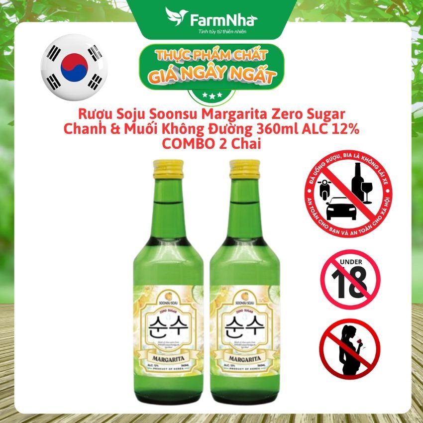 (Combo 2) Rượu Soju Soonsu Margarita Zero Sugar 360ml ALC 12% – Hương Vị Margarita Tươi Mát Không Đường từ Hàn Quốc