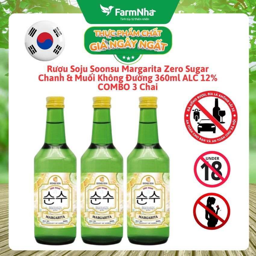 (Combo 3) Rượu Soju Soonsu Margarita Zero Sugar 360ml ALC 12% – Hương Vị Margarita Tươi Mát Không Đường từ Hàn Quốc