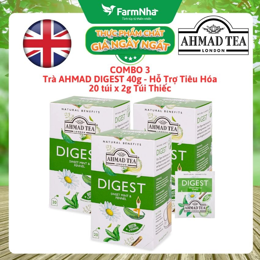 (Combo 3) Trà Ahmad Digest 40g 20 túi x 2g Túi Thiếc | Trà Thảo Mộc Hỗ Trợ Tiêu Hóa, Không Caffeine