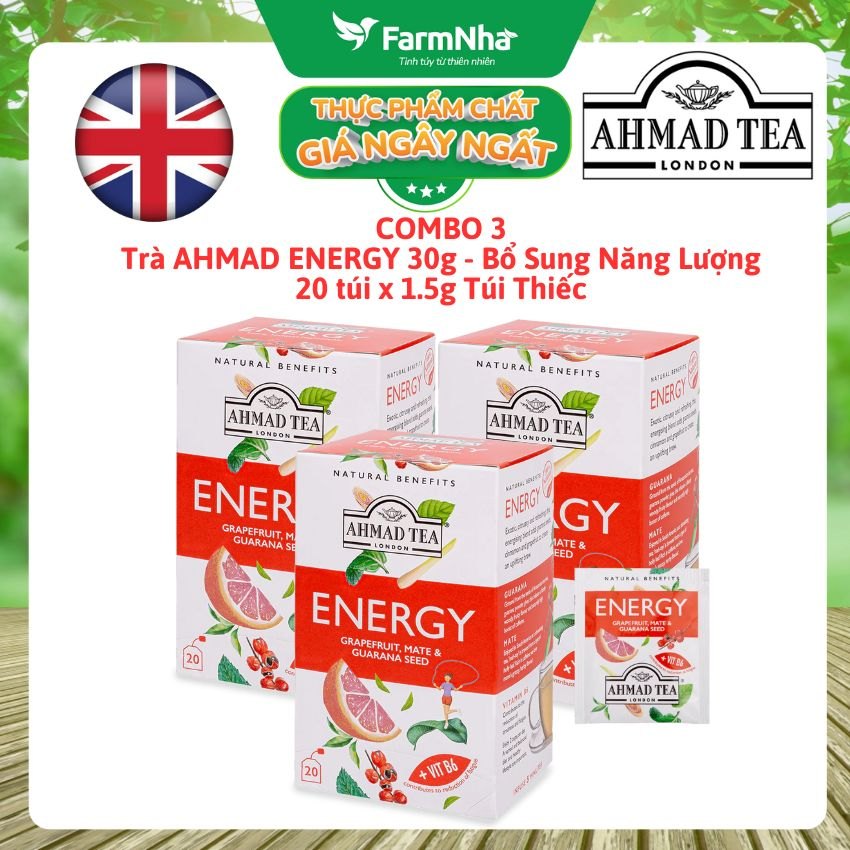 (Combo 3) Trà AHMAD Energy 30g 20 túi x1.5g Túi Thiếc | Bổ Sung Năng Lượng, Giàu Vitamin B6