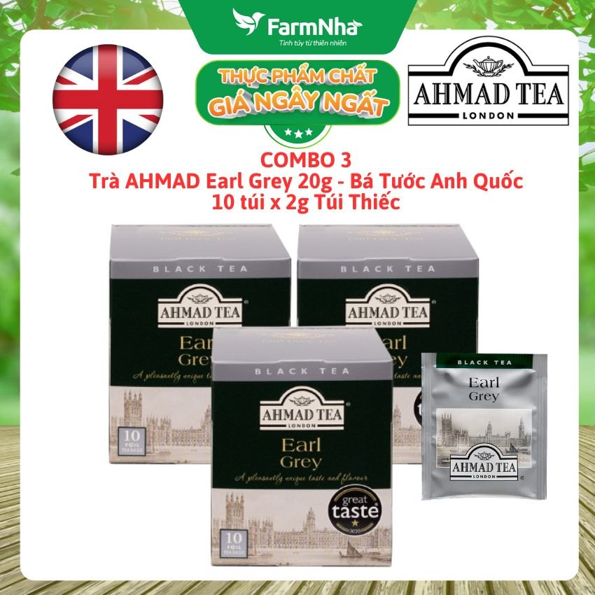 (Combo 3) Trà AHMAD Earl Grey 20g 10x2g Túi Thiếc - Trà Bá Tước Hương Cam Bergamot Đậm Đà, Tinh Tế