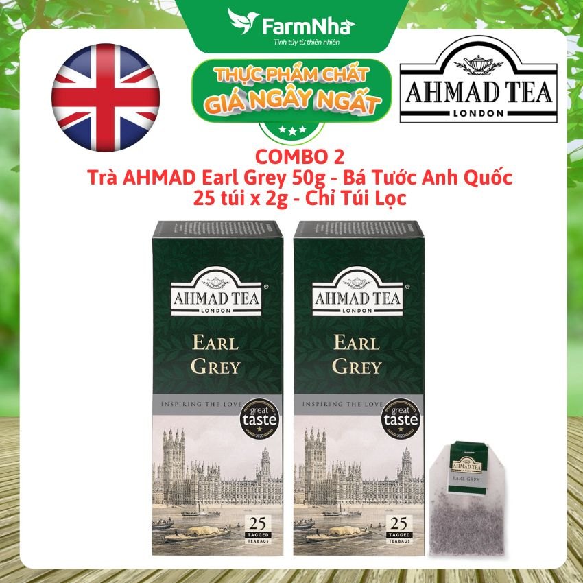 (Combo 2) Trà AHMAD Earl Grey 50g 25 túi x2g Túi Lọc - Trà Bá Tước Hương Cam Bergamot Tuyệt Vời