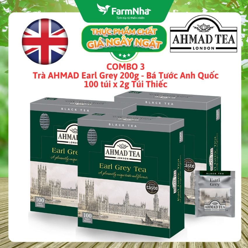 (Combo 3) Trà Ahmad Earl Grey 200g 100túix2g Túi Thiếc - Trà Bá Tước Hương Cam Bergamot Tuyệt Vời