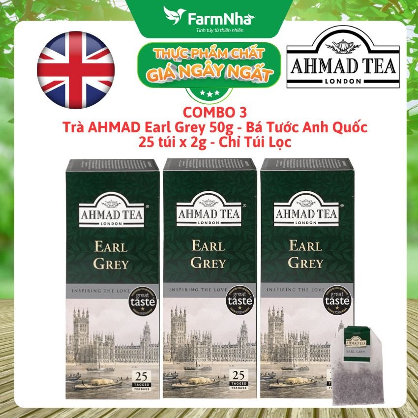 (Combo 3) Trà AHMAD Earl Grey 50g 25 túi x2g Túi Lọc - Trà Bá Tước Hương Cam Bergamot Tuyệt Vời