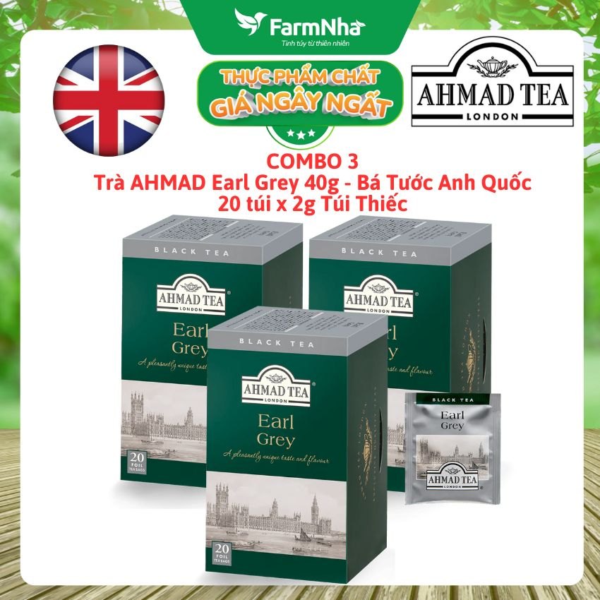 (Combo 3) Trà AHMAD Earl Grey 40g 20x2g Túi Thiếc - Trà Bá Tước Hương Cam Bergamot Tuyệt Vời