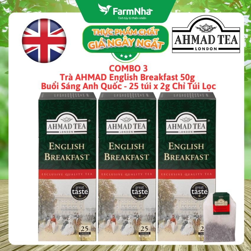 (Combo 3) Trà Ahmad English Breakfast 50g 25túix2g Túi lọc - Đậm Đà Chuẩn Vị Buổi Sáng Anh Quốc