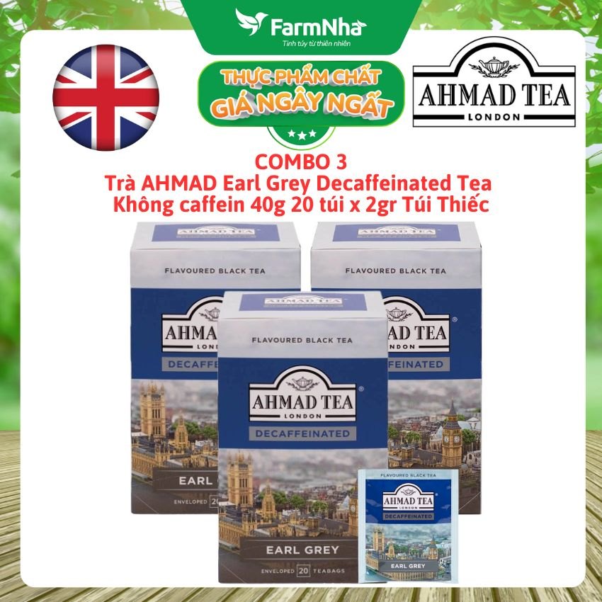 (Combo 3) Trà Ahmad Earl Grey Decaf 40g 20túi x 2g Túi Thiếc – Hương Vị Truyền Thống, Không Caffeine