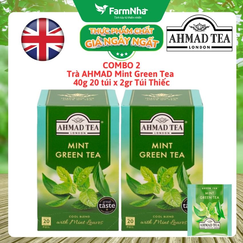 (Combo 2) Trà Ahmad Mint Green Tea 40g 20x2g Túi Thiếc – Hương Vị Tươi Mát, Sảng Khoái