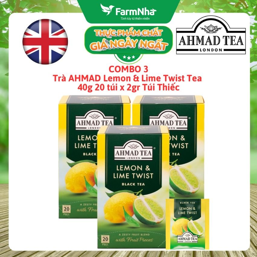 (Combo 3) Trà Ahmad Lemon & Lime Twist Tea 40g 20túi x 2g Túi Thiếc – Hương Vị Chanh & Chanh Lá Sảng Khoái