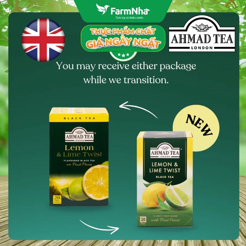 (Combo 3) Trà Ahmad Lemon & Lime Twist Tea 40g 20túi x 2g Túi Thiếc – Hương Vị Chanh & Chanh Lá Sảng Khoái