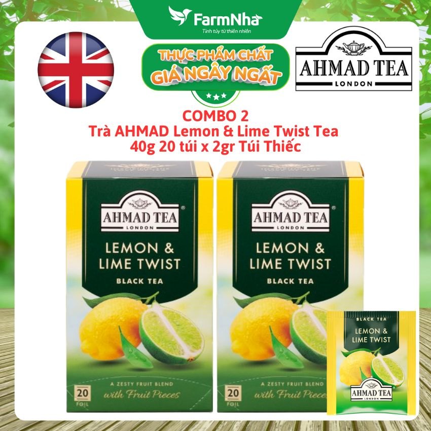 (Combo 2) Trà Ahmad Lemon & Lime Twist Tea 40g 20túi x 2g Túi Thiếc – Hương Vị Chanh & Chanh Lá Sảng Khoái