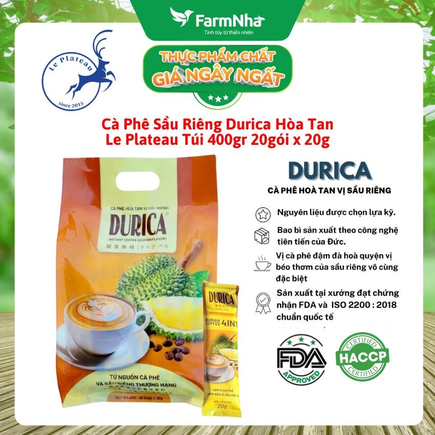 Cà Phê Hòa Tan Vị Sầu Riêng DURICA Le Plateau 400g 20 gói x 20g - Hòa Quyện Cà Phê và Sầu Riêng Thơm Béo