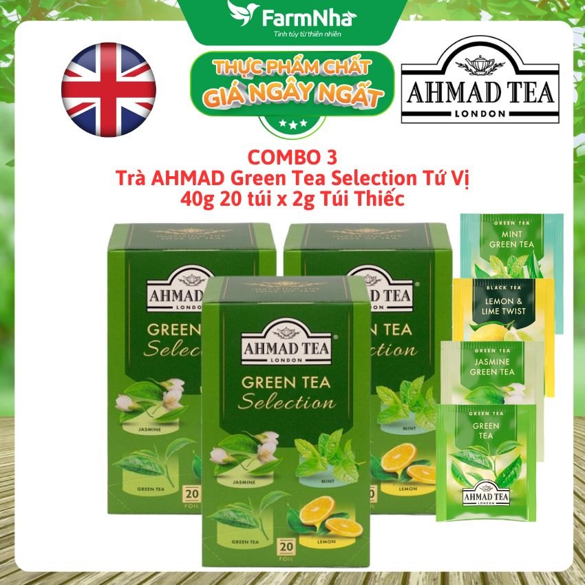 (Combo 3) Trà Ahmad Green Tea Selection 40g 20x2g Túi Thiếc - Bộ 4 Vị Trà Xanh Tinh Tế Sưu Tập Từ Anh Quốc