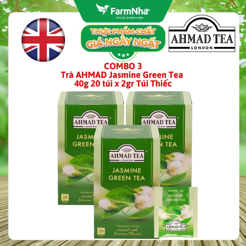 (Combo 3) Trà Ahmad Jasmine Green Tea 40g 20x2g Túi Thiếc - Hương Hoa Nhài Thanh Khiết, Dịu Nhẹ