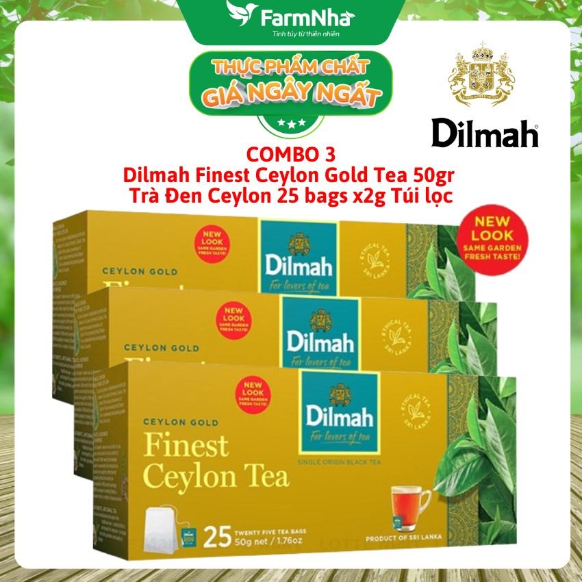 (Combo 3) Trà Dilmah Ceylon Gold Finest Ceylon Tea 50g (25 Túi x 2g) - Hương Vị Trà Đen Cao Cấp