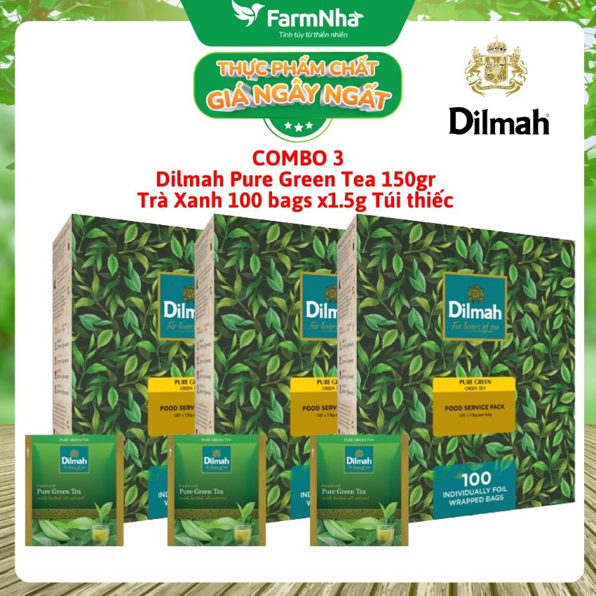 (Combo 3) Trà Dilmah Pure Green Trà Xanh 150g 100 túi x1.5g Túi Bạc Riêng Biệt - Lựa chọn tuyệt vời cho những ai yêu thích trà xanh