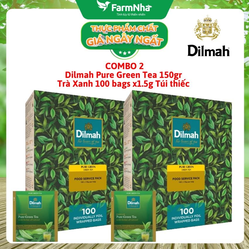 (Combo 2) Trà Dilmah Pure Green Trà Xanh 150g 100 túi x1.5g Túi Bạc Riêng Biệt - Lựa chọn tuyệt vời cho những ai yêu thích trà xanh