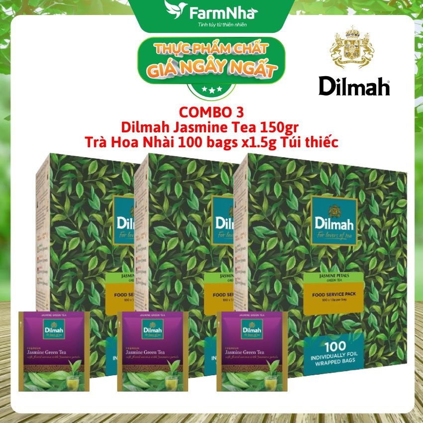(Combo 3) Trà Dilmah Green Tea with Jasmine Petals Hoa Nhài 150g 100 Túi x 1.5g Túi Bạc Riêng Biệt - Hương Hoa Nhài Tự Nhiên Dịu Dàng và Tinh Khiết