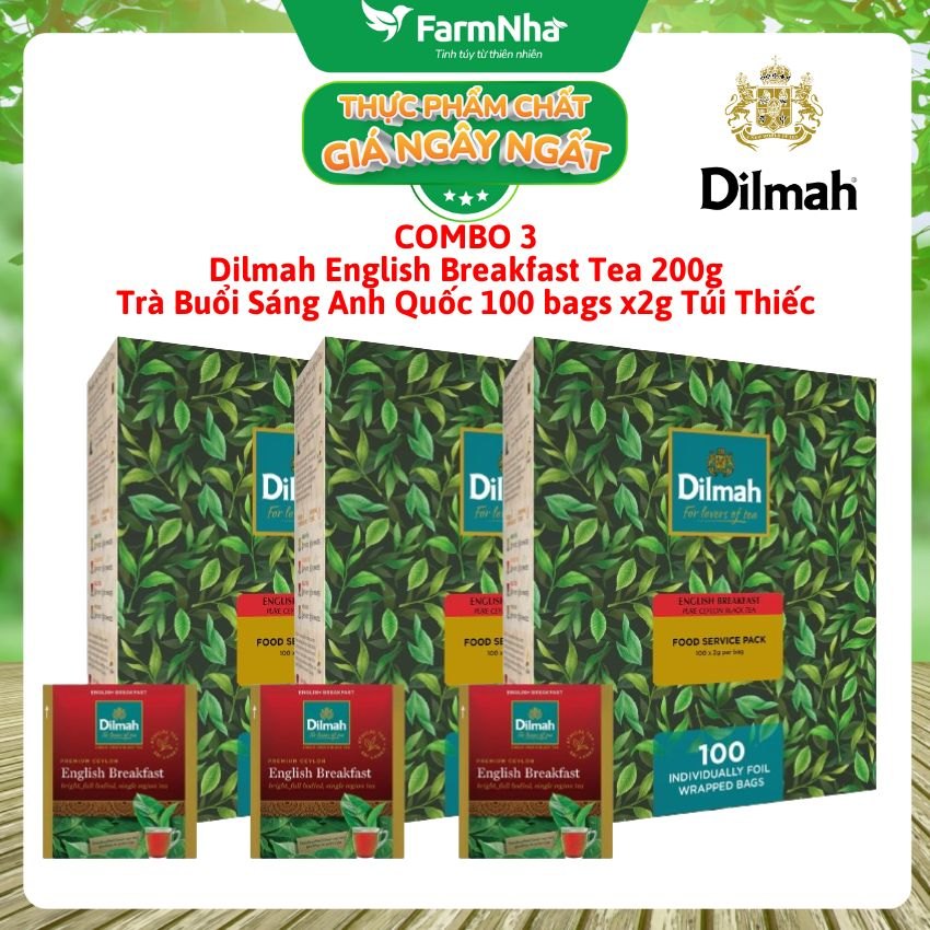 (Combo 3) Trà Dilmah English Breakfast Buổi Sáng Anh Quốc 200g 100 Túi x 2g Túi Bạc Riêng Biệt – Tuyệt vời để khởi đầu một ngày mới