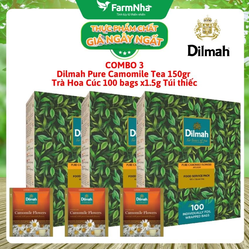 (Combo 3) Trà Dilmah Pure Camomile 150g 100 Túi x 1.5g Túi Bạc Riêng Biệt – Thảo Dược Hoa Cúc Thư Giãn và Cải Thiện Giấc Ngủ