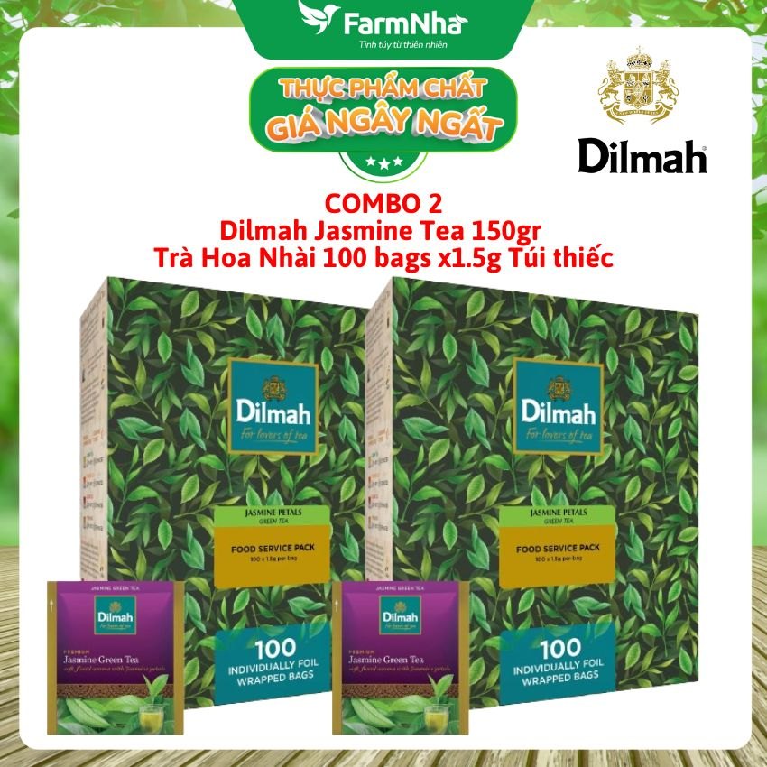 (Combo 2) Trà Dilmah Green Tea with Jasmine Petals Hoa Nhài 150g 100 Túi x 1.5g Túi Bạc Riêng Biệt - Hương Hoa Nhài Tự Nhiên Dịu Dàng và Tinh Khiết