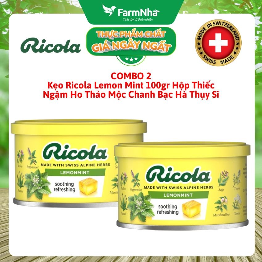 (Combo 2) Kẹo Ricola Lemon Mint Herb 100gr Hộp Thiếc - Ngậm ho vị Chanh Bạc Hà Thảo Mộc từ Thụy Sĩ