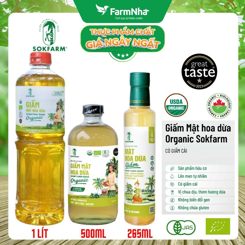 Giấm Mật Hoa Dừa Sokfarm Hữu Cơ 1 lít – Giấm Mẹ Vị Chua Tự Nhiên Tốt Cho Sức Khỏe