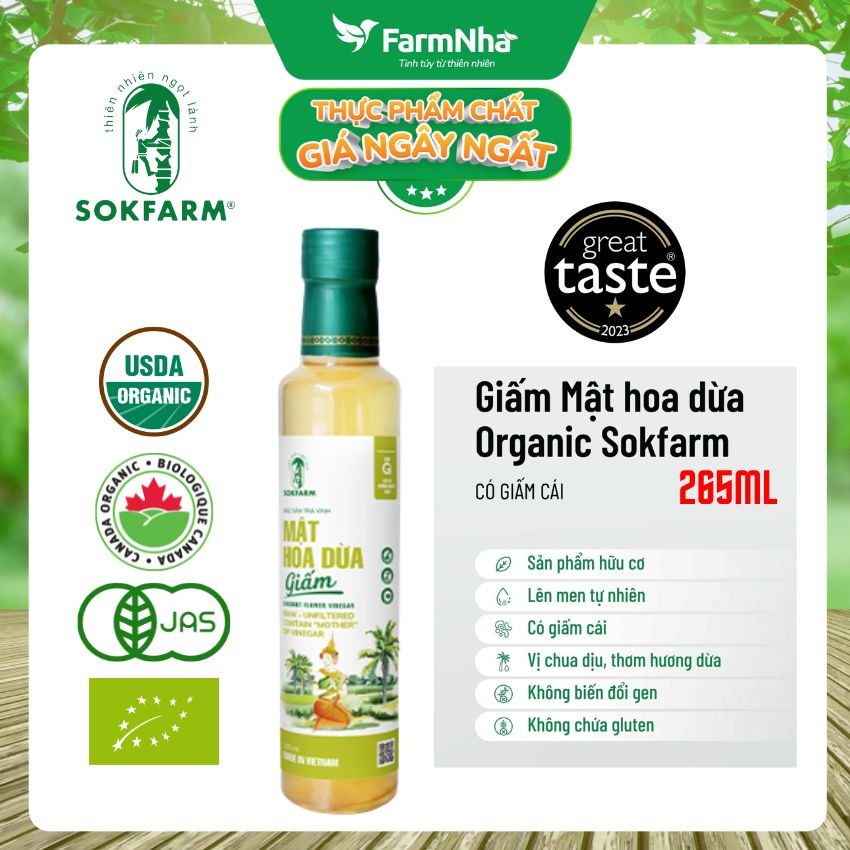 Giấm Mật Hoa Dừa Sokfarm Hữu Cơ 265ml – Giấm Mẹ Vị Chua Tự Nhiên Tốt Cho Sức Khỏe