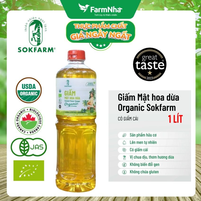 Giấm Mật Hoa Dừa Sokfarm Hữu Cơ 1 lít – Giấm Mẹ Vị Chua Tự Nhiên Tốt Cho Sức Khỏe