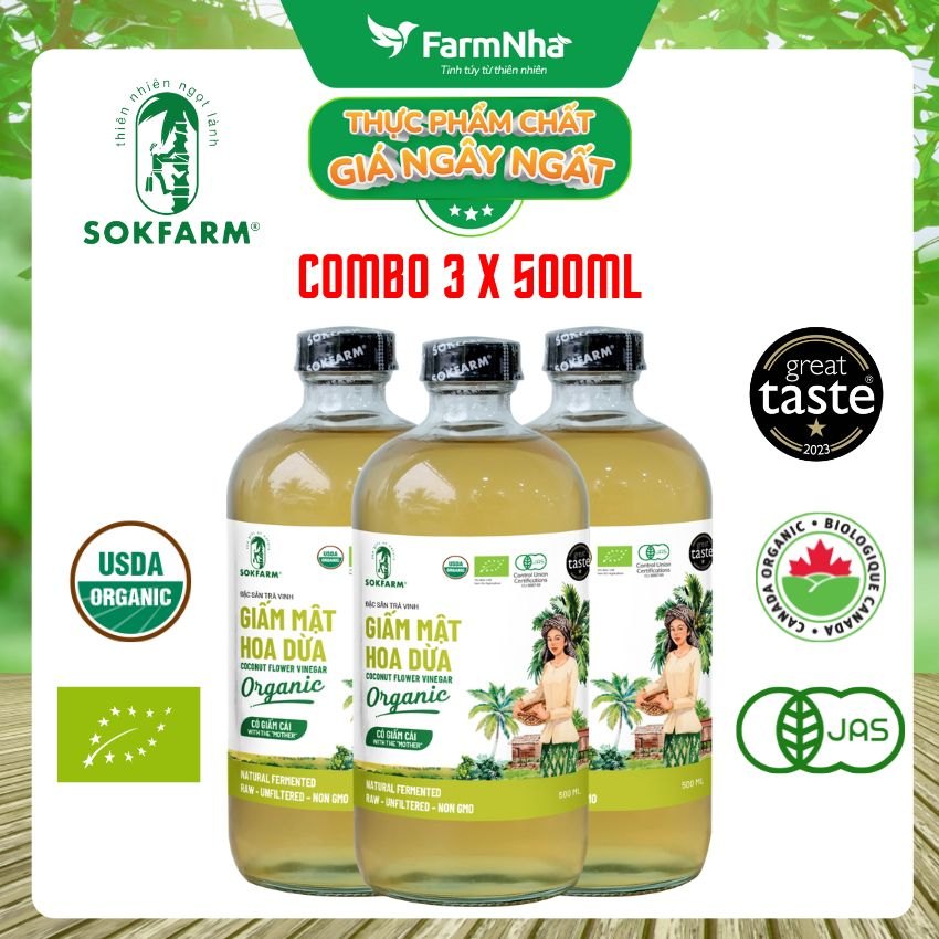 (Combo 3) Giấm Mật Hoa Dừa Sokfarm Hữu Cơ 500ml – Giấm Mẹ Vị Chua Tự Nhiên Tốt Cho Sức Khỏe
