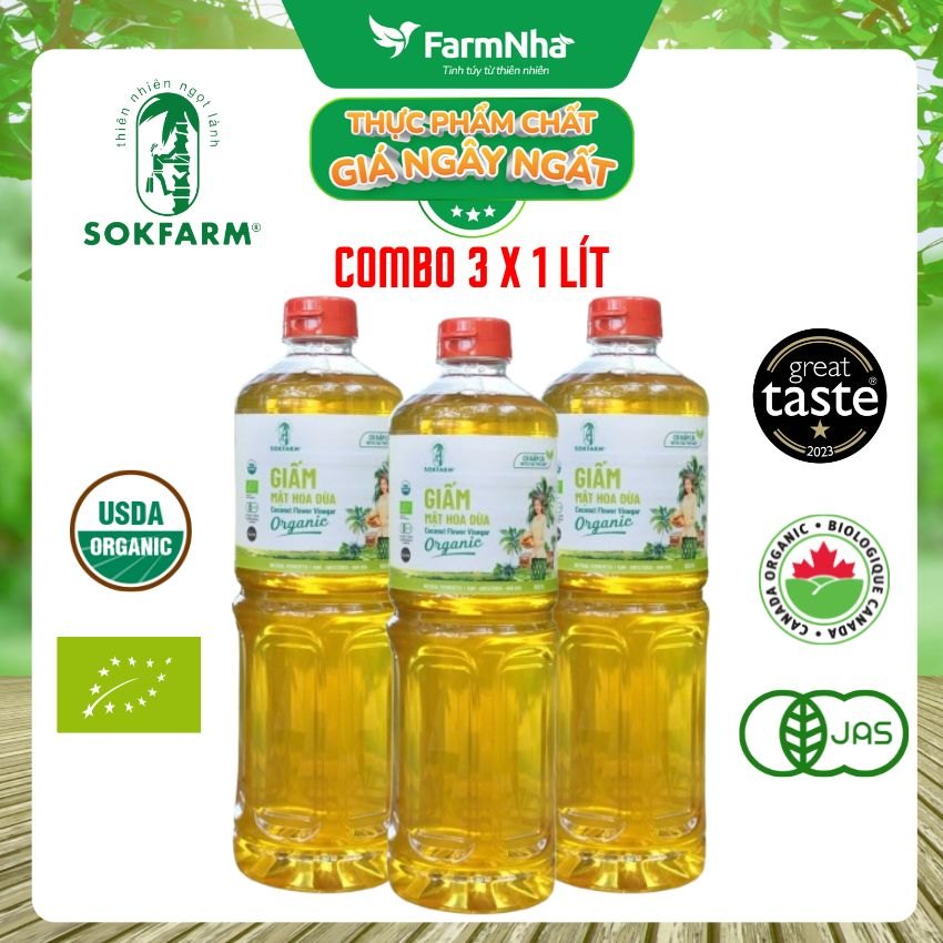 (Combo 3) Giấm Mật Hoa Dừa Sokfarm Hữu Cơ 1 lít – Giấm Mẹ Vị Chua Tự Nhiên Tốt Cho Sức Khỏe