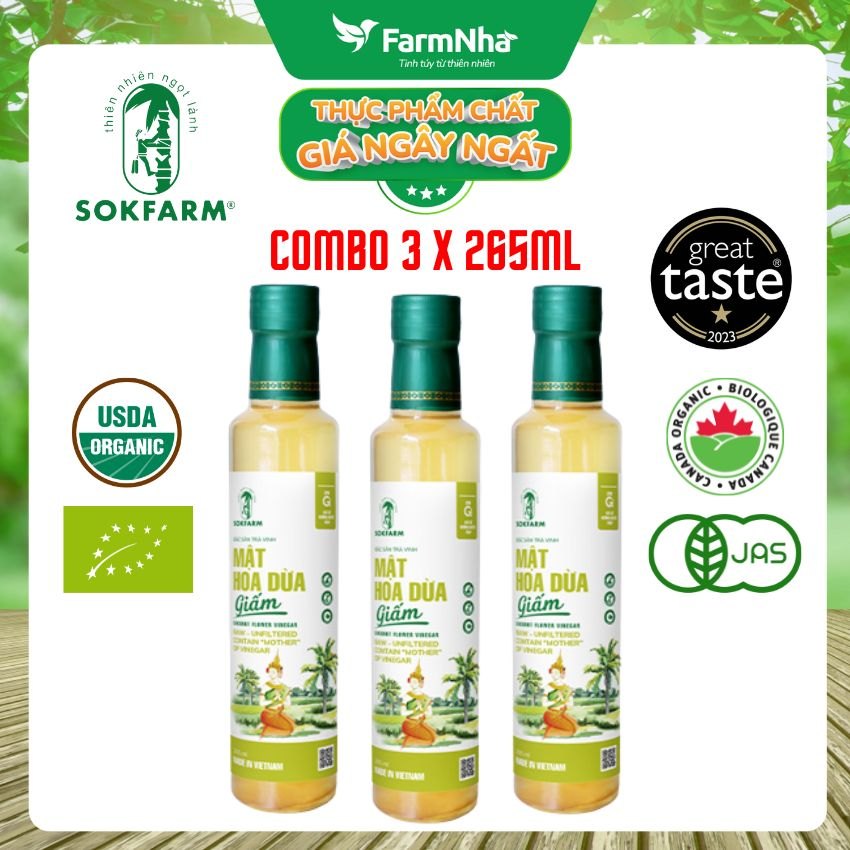 (Combo 3) Giấm Mật Hoa Dừa Sokfarm Hữu Cơ 265ml – Giấm Mẹ Vị Chua Tự Nhiên Tốt Cho Sức Khỏe
