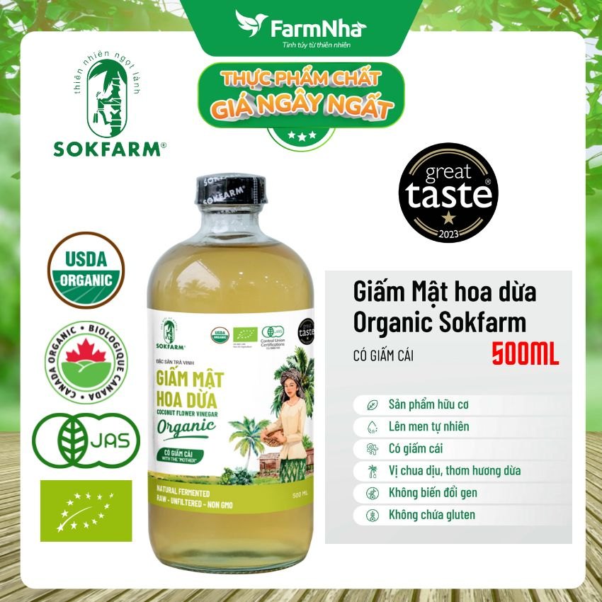 Giấm Mật Hoa Dừa Hữu Cơ Sokfarm 500ml