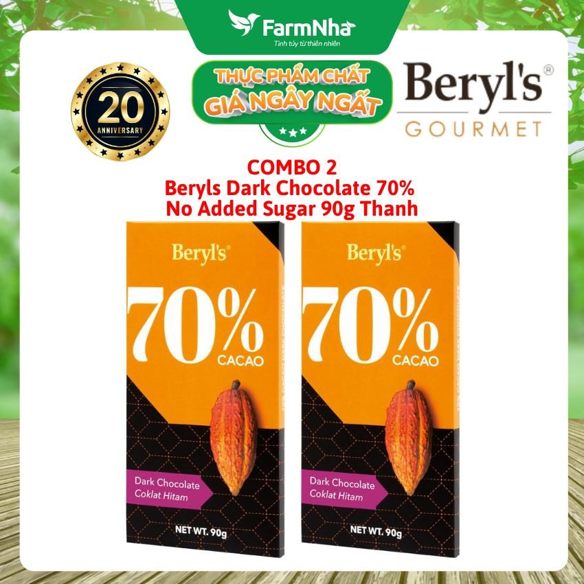 (Combo 2) Sô cô la Beryls No Added Sugar Dark 70% Chocolate 90g: Lựa Chọn Tinh Tế Cho Người Yêu Sô Cô La