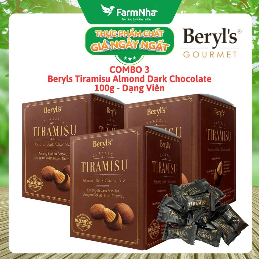 (Combo 3 Hộp) Socola Tiramisu Almond Dark Chocolate 100g Beryls - Socola đen ngon hấp dẫn với bột phô mai Ý mascarpone