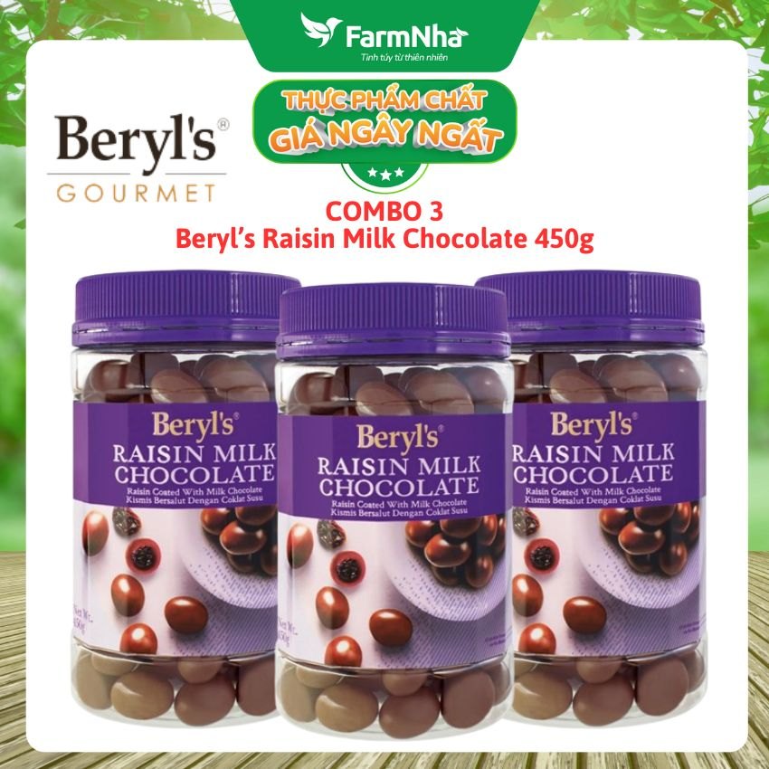 (Combo 3) Sô cô la sữa nhân nho khô Raisin Beryl's 450gr - So cô la hảo hạng cùng nho khô chất lượng tuyệt vời