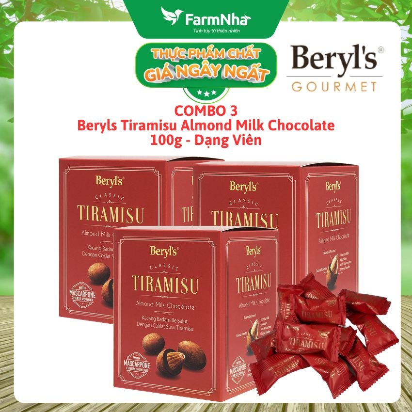 (Combo 3 Hộp) Socola Tiramisu Almond Milk Chocolate 100g Beryls - Socola sữa hạnh nhân hấp dẫn với bột phô mai mascarpone Ý