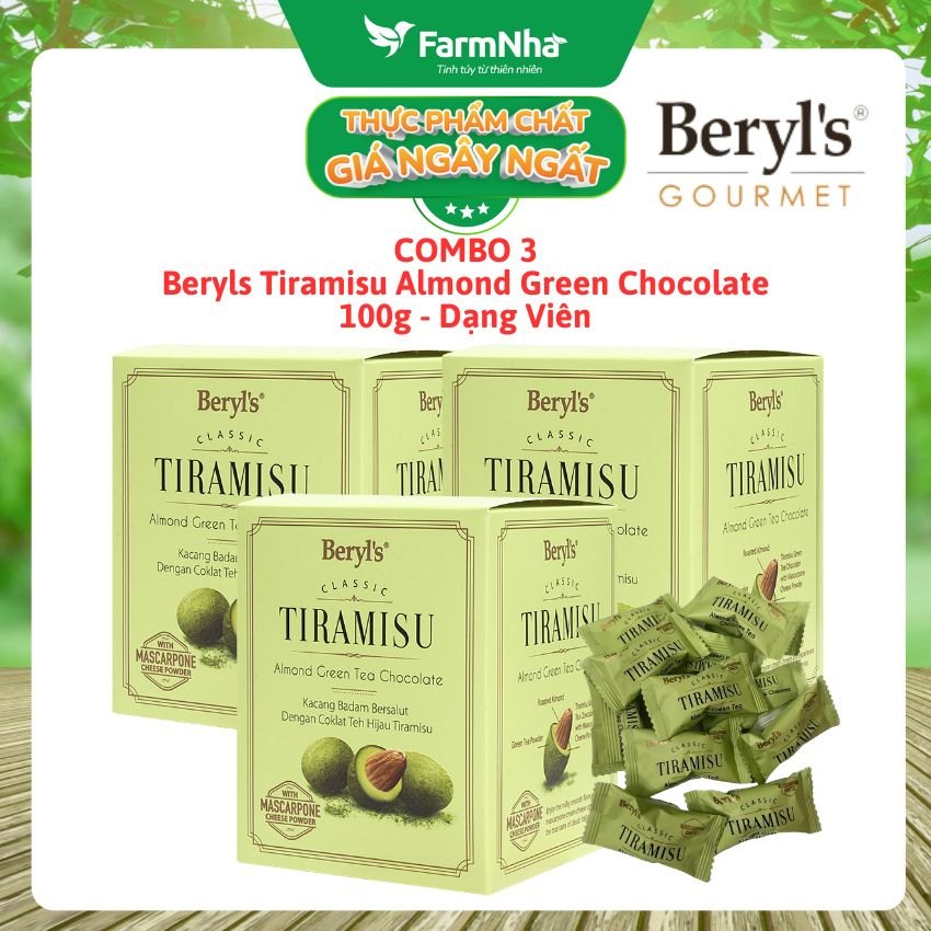 (Combo 3 Hộp) Socola Tiramisu Almond Green Tea Chocolate 100g Beryls - Socola hạnh nhân trà xanh với bột phô mai Ý mascarpone