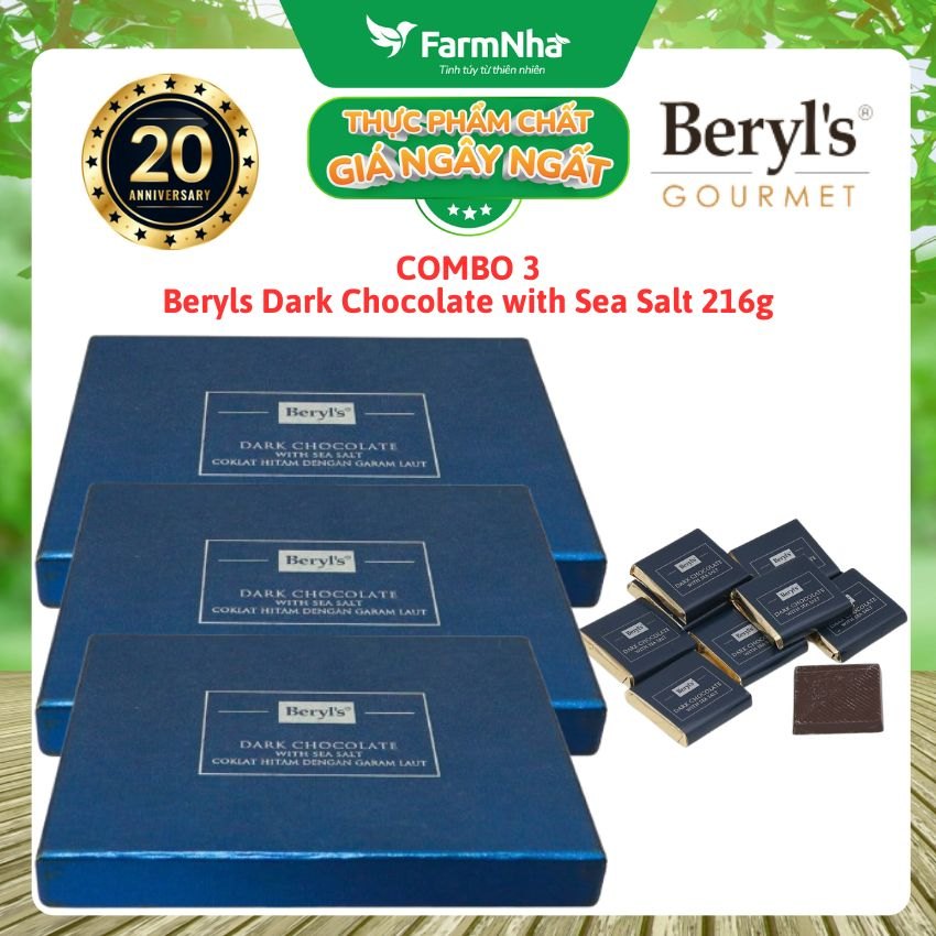 (Combo 3) Socola Đen Beryls Sea Salt 216g – Hòa Quyện Vị Đắng & Mặn, Hậu Ngọt